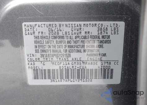 2016 Nissan Sentra Sr from USA, damaged, VIN 3N1AB7AP6GY291528